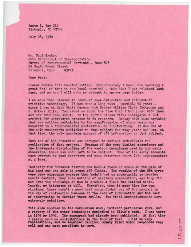 Letter discussing flintknapping techniques, a possible lithics lab, and the work of E. Holmes Ellis.