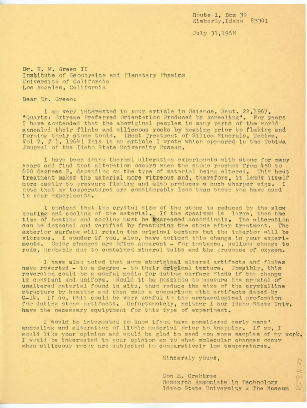 Letter discussing thermal treatment of lithic tools, and Crabtree's article on the experiments. Crabtree asks Green some questions about early man's flintknapping alternatives.