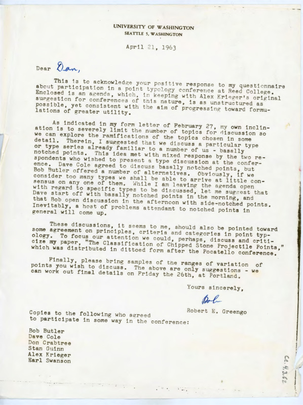 Letter discussing a point typology conference at Reed College, what will happen during the conference, how Crabtree should be prepared to come.