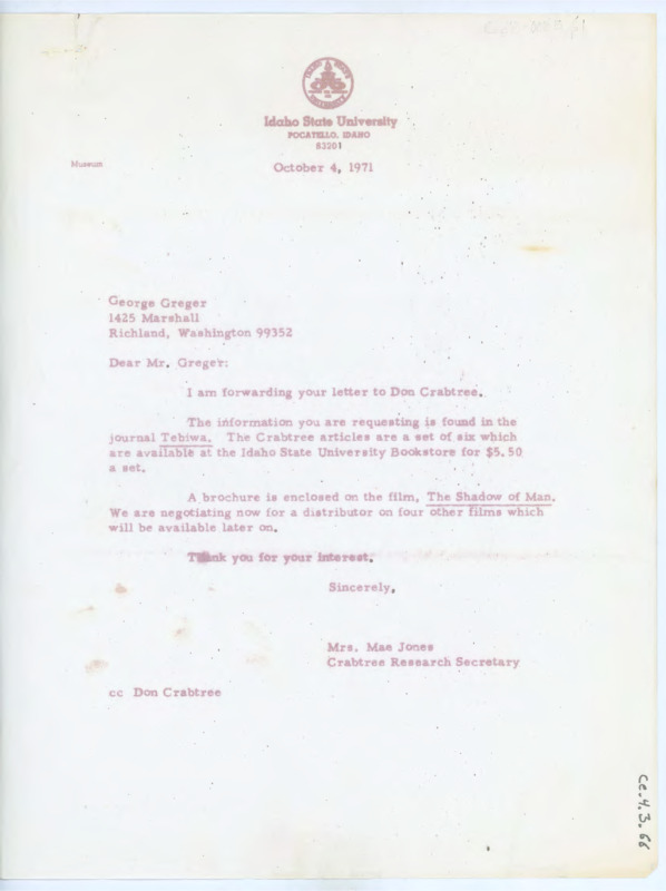 Letter giving information on flintknapping reference materials and informing Greger that his letter was forwarded to Donald Crabtree.