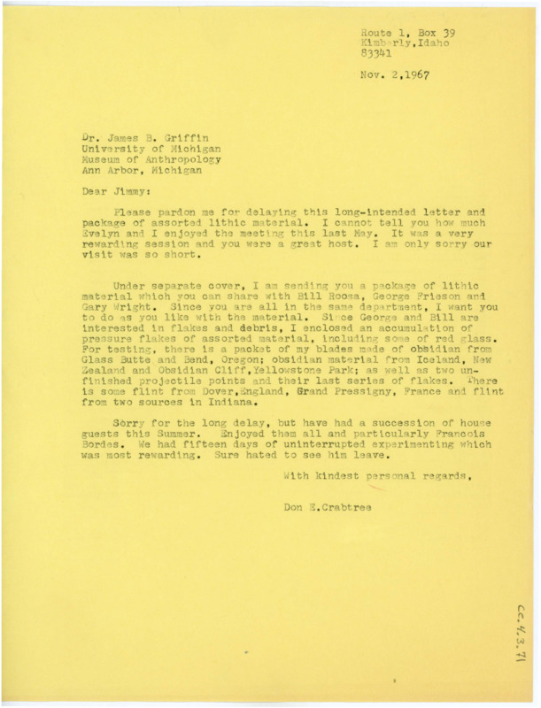 Letter thanking Griffin for their visit, and informing him that he is sending a package of lithic material to use and share.