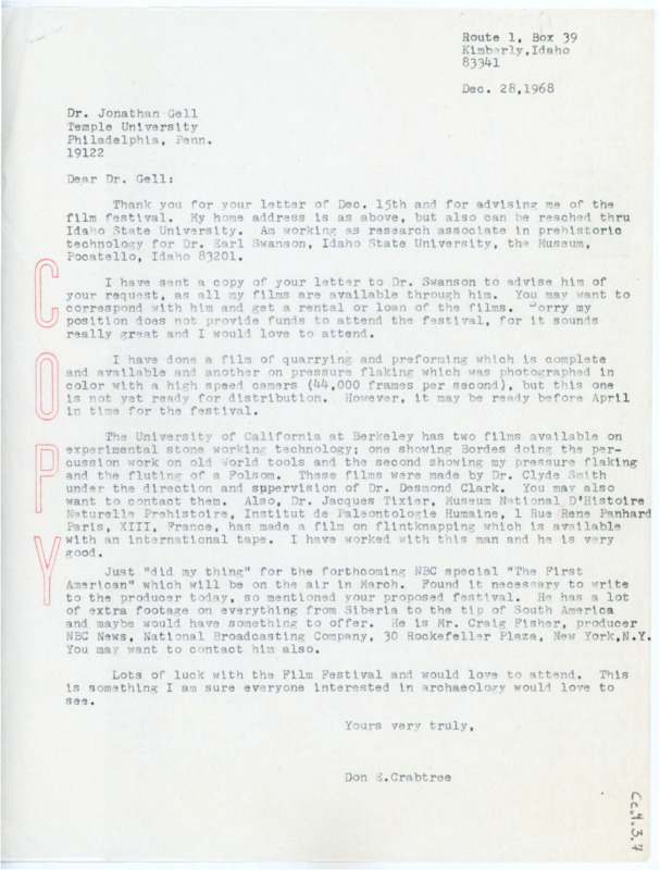 Letter discussing the various films Crabtree recommends to Gell for his anthropology film festival. Crabtree shares how to find and get the films.