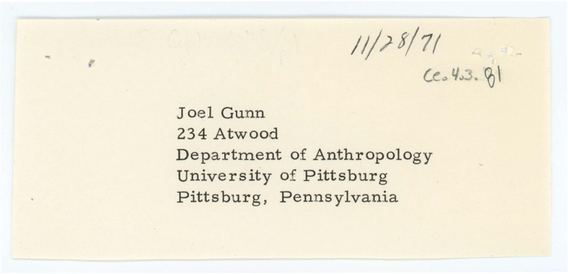 Joel Gunn's address card.