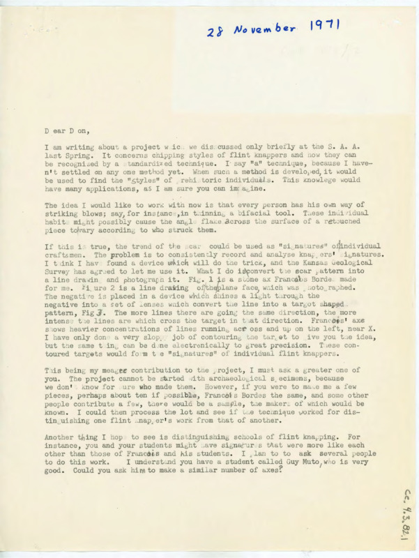 Letter discussing a research project Gunn is doing on flintknapping and individual style identification. Gunn asks Crabtree, among other flintknappers, to produce some specimens for the experiment.