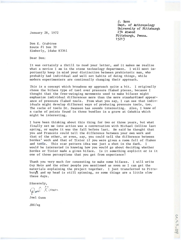 Letter discussing Gunn's research project. Gunn talks about his approach and the advice Crabtree gave him. He asks how Crabtree would go about differentiating between to flintknappers' work.