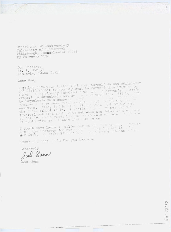 Letter discussing field school and whether or not Gunn can attend. Gunn discusses some articles he is looking for.