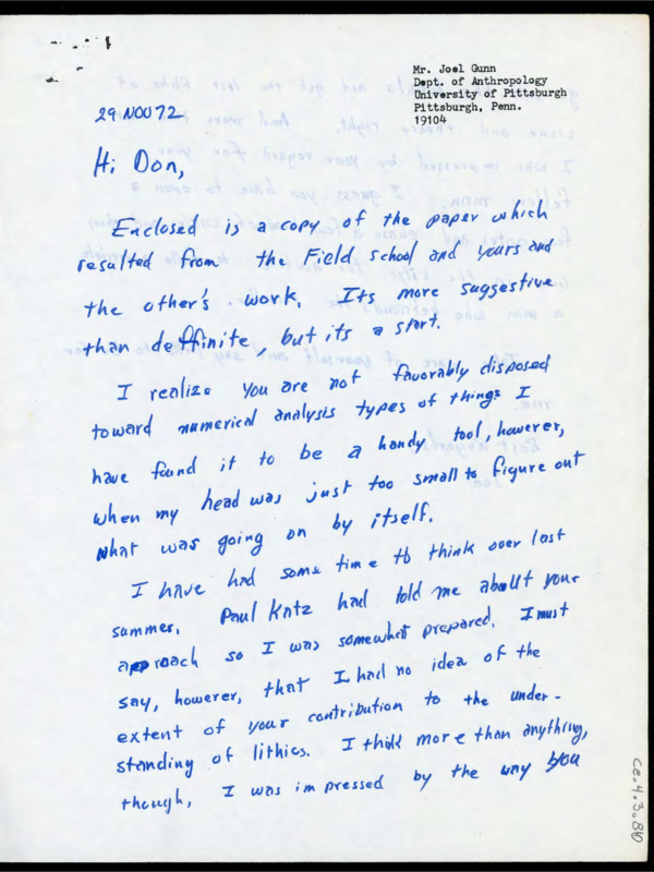 Letter discussing Crabtree's field school and flintknapping techniques.