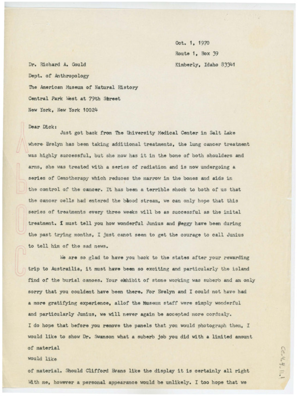 Letter discussing Evelyn's health and Gould's recent trip to Australia. The letter is unfinished meaning there may have been a second page.