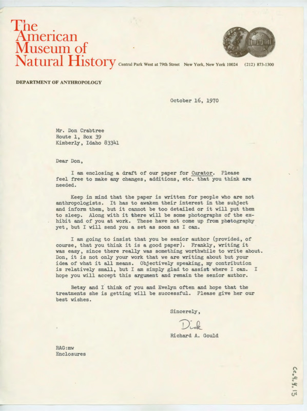 Letter discussing a draft of a paper written about Crabtree's exhibit. Gould extends good thoughts to Donald and Evelyn, and notes the Crabtree should be the senior author.