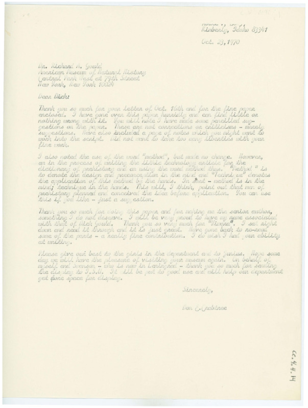 Letter discussing an article Gould wrote and Crabtree's edits. Crabtree thanks Gould for his help and good wishes. Crabtree extends hellos to other people and on behalf of Earl Swanson.