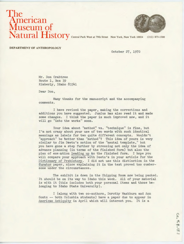 Letter discussing Crabtree's edits to Gould's manuscript. Gould sent the exhibit to Idaho and will be sending an article of interest to Crabtree.