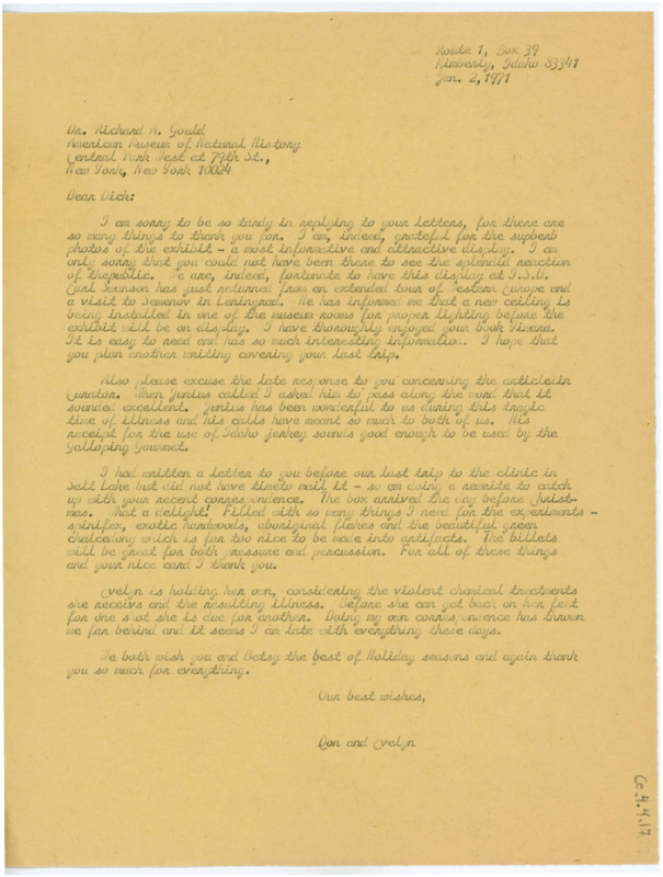 Letter discussing Crabtree and Gould's manuscript, the museum exhibit of Crabtree's work, and the box Gould sent. Crabtree writes of Evelyn's illness.