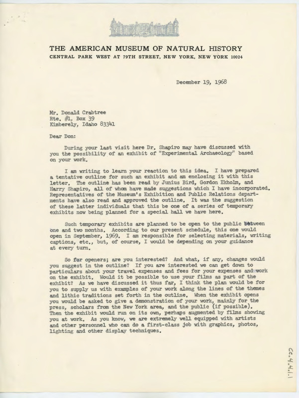 Letter discussing the installation of an experimental archaeology exhibit in the American Museum of Natural History. Gould explains the details.