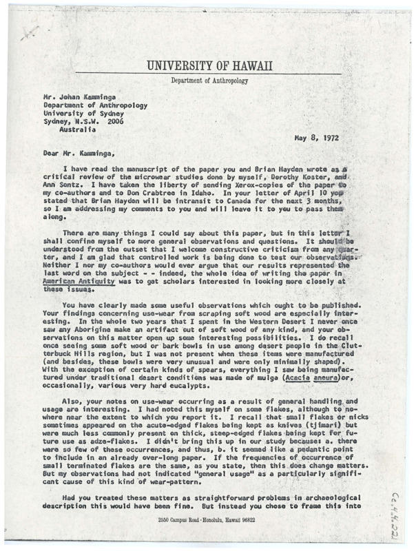 Forwarded letter from Gould to Crabtree giving constructive criticism on Kamminga's article. Gould lists out his critiques, questions, and compliments.