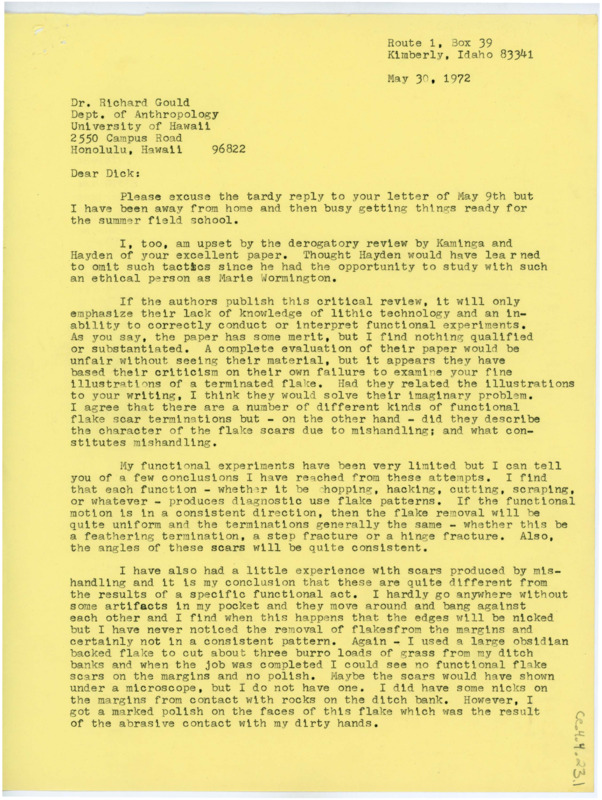 Letter discussing the Kamminga review. Crabtree lists his concerns and suggestions, discusses Gould's success with his lithic lab, and discusses the travel of some of their mutual friends.