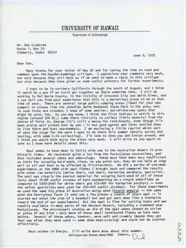 Letter discussing the Kamminga review, Gould's plans to do research in California and hopefully see Crabtree, and the use of opal in Australian lithic technology.