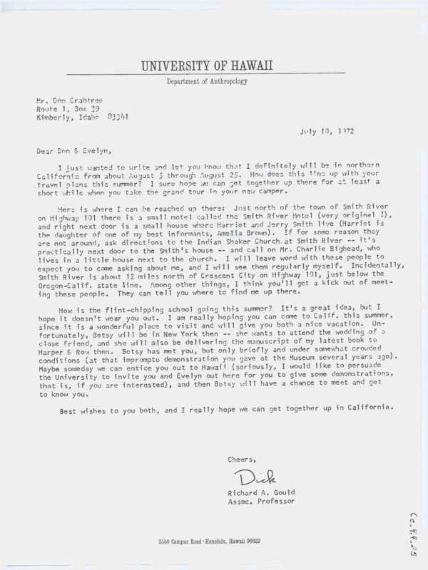 Letter asking to meet the Crabtrees in California. Gould shares the details of where he will be staying and hopes the Crabtree can visit and meet Betsy.