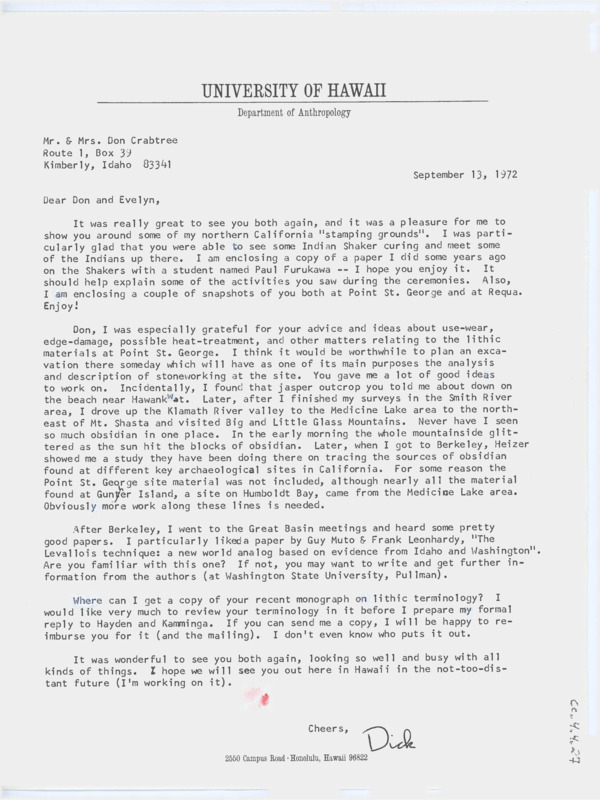 Letter discussing Gould's work in California and subsequent travels. He was happy to see the Crabtree's in California and would like to know where to get a copy of Crabtree's lithic terminology monograph.