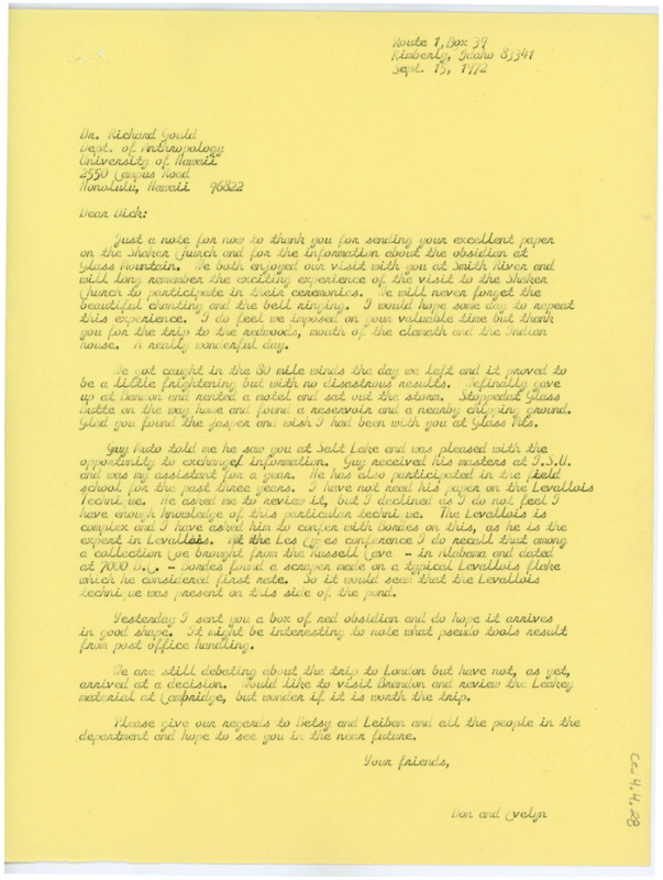 Letter discussing the Crabtree's visit to California with Gould, their travels home, future travels, and flintknapping with Guy Muto.