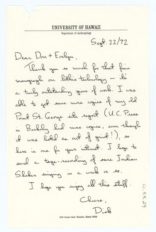 Letter thanking the Crabtree's for sending a lithic technology monograph and informing them he is sending an old report from the Point St. George site.