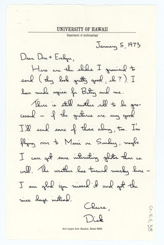 Letter informing the Crabtree's that Gould is sending the photos from their trip to Hawaii. They are developing other photos and will send them if they turn out well.