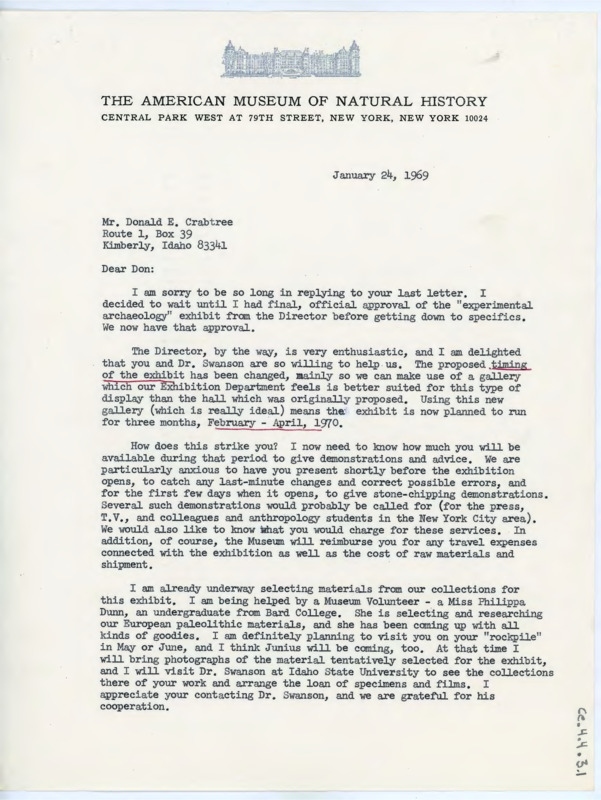 Letter discussing the specifics of the experimental archaeology museum exhibit. Gould discusses flintknapping and how often Crabtree will be able to attend the exhibit to give advice.