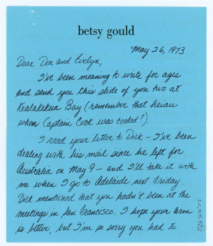 Letter discussing Richard's time in Australia, an earthquake in Hawaii, and a visit from Richard's parents.