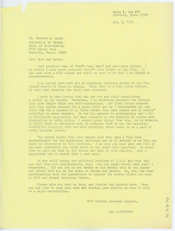 Letter discussing Gould's potential job prospects in the states. Crabtree updates his issues with Idaho State University and discusses Gould's book.