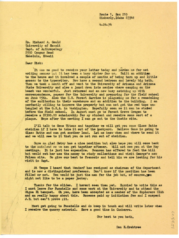 Letter discussing what Crabtree had been up to, the wellbeing of mutual friends, conferences, and employment opportunity.