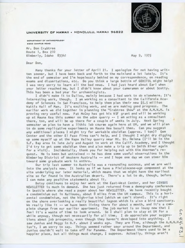 Letter discussing Gould's archaeology consultant work, Betsy's work, meetings with other archaeologists, and Gould's trip to Australia.