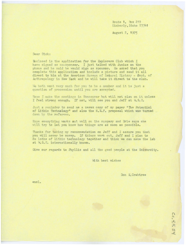 Letter discussing Gould's application to the Explorer's Club. Crabtree discusses a conference in Vancouver and some articles he would like Gould to send.