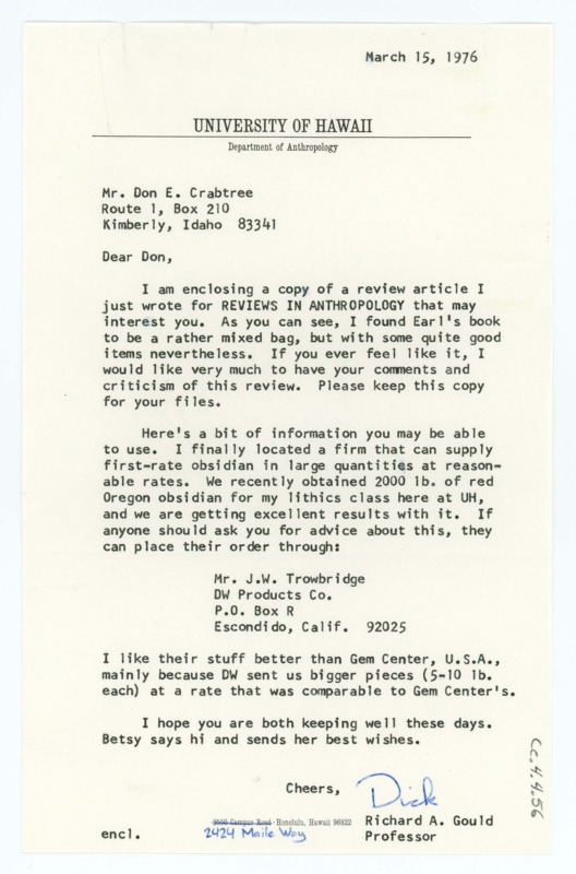 Letter discussing a review article and a book. Gould gives Crabtree the contact information for a new obsidian supplier and discusses them.