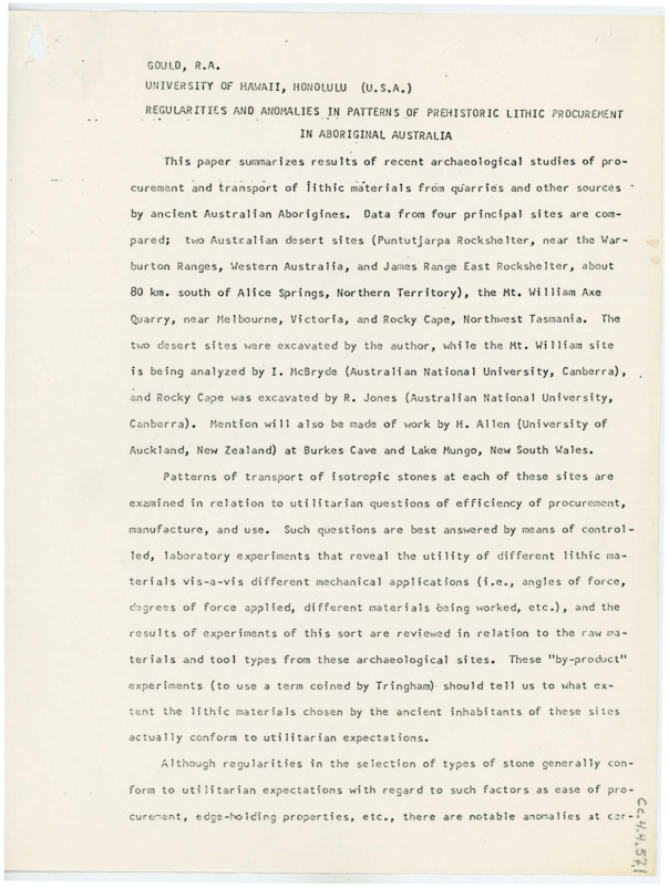 Copy of Gould's review of archaeological studies on Aboriginal Australian lithic technology. The article discusses the acquisition and transportation of lithic materials from quarries.