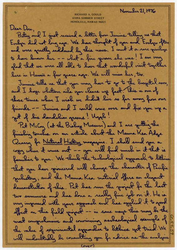 Letter sending regards for Evelyn Crabtree's death. Gould discusses his work on an article with the Bishop Museum and his other research at the university.