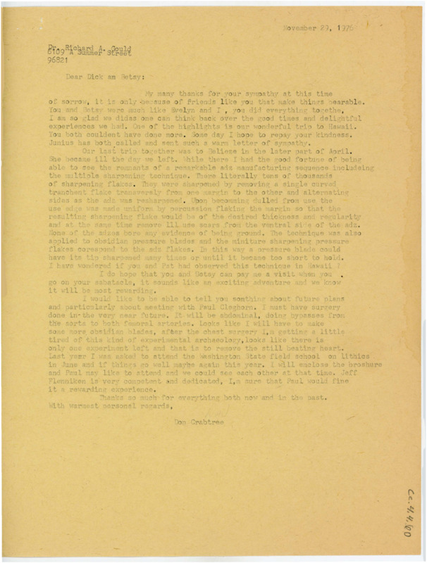 Letter discussing Evelyn Crabtree's passing, their last trip together and the flintknapping they did there. Crabtree discusses the possibility of Paul Cleghorn visiting.