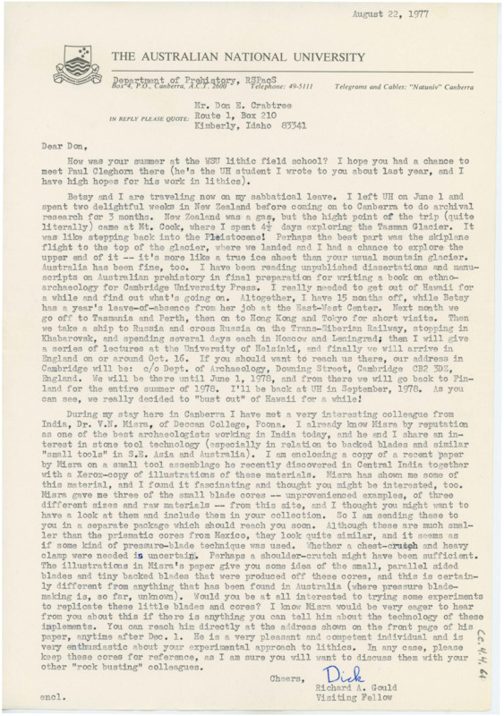 Letter discussing Gould's travelling, his research, sabbatical, and his meeting with V.N. Mirsa. He discusses Mirsa's work and their research.