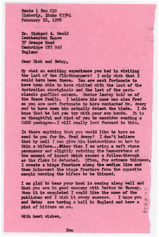 Letter discussing Gould's meeting with Aboriginal Australian flintknappers. Crabtree wonders if there is anything he can send Fred Avery, and he discusses his current flintknapping work.