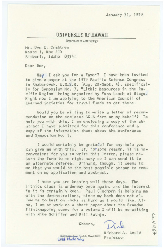 Letter asking Crabtree for a letter of recommendation to receive funds for a lecture series Gould was invited to do. Gould discusses his work.