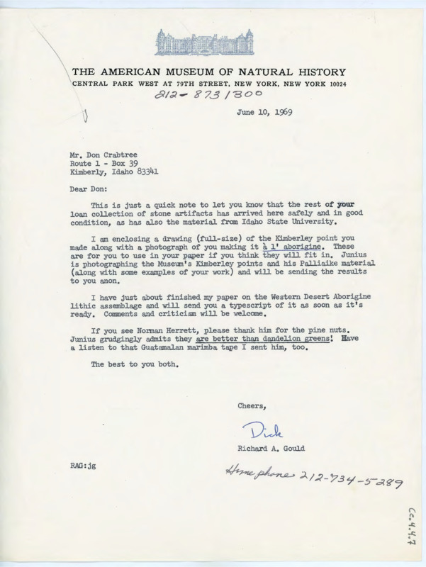 Letter informing Crabtree that his collection arrived at the museum safely. Gould is sending a photo of a point and his paper eventually.