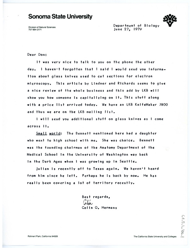 Letter from Colin O. Hermans to Don Crabtree thanking him for calling him over the phone, and promising to send him information about glass knives in electron microscopy; an article on the subject is attached to the letter, as well as a hand drawn diagram.