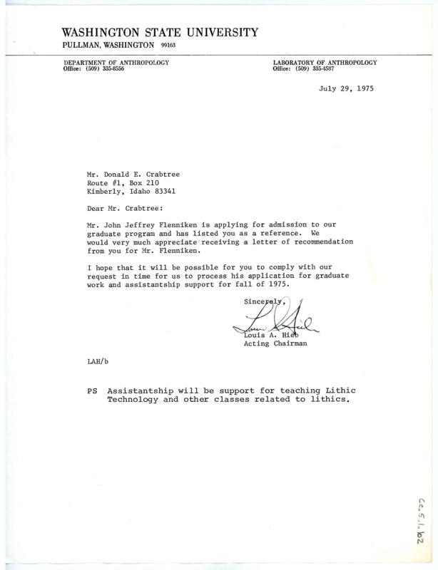 Letter from Louis A. Hieb to Don Crabtree regarding offering a reference for John Jeffrey Flenniken.