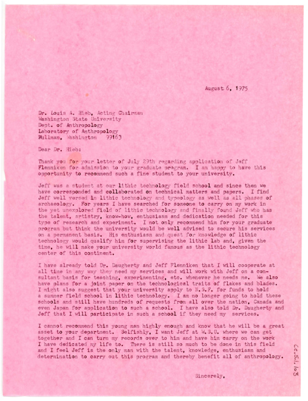 Letter from Don Crabtree to Louis A. Hieb regarding a letter of reference for John Jeffrey Flenniken.