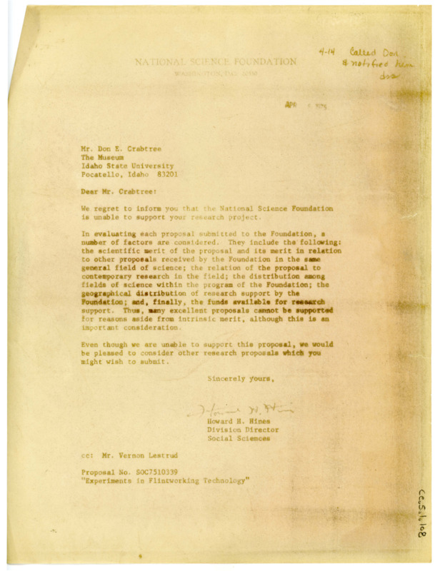 Letter from Howard H. Hines to Don Crabtree regarding his research proposal for a National Science Foundation grant.