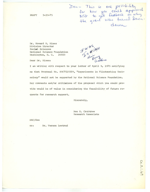 Letter from Don Crabtree to Howard H. Hines asking for criticism on his rejected grant proposal.