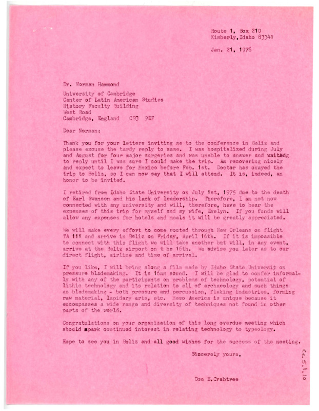 Letter from Don Crabtree to Norman Hammond regarding travel plans to make it to the symposium in Belize.