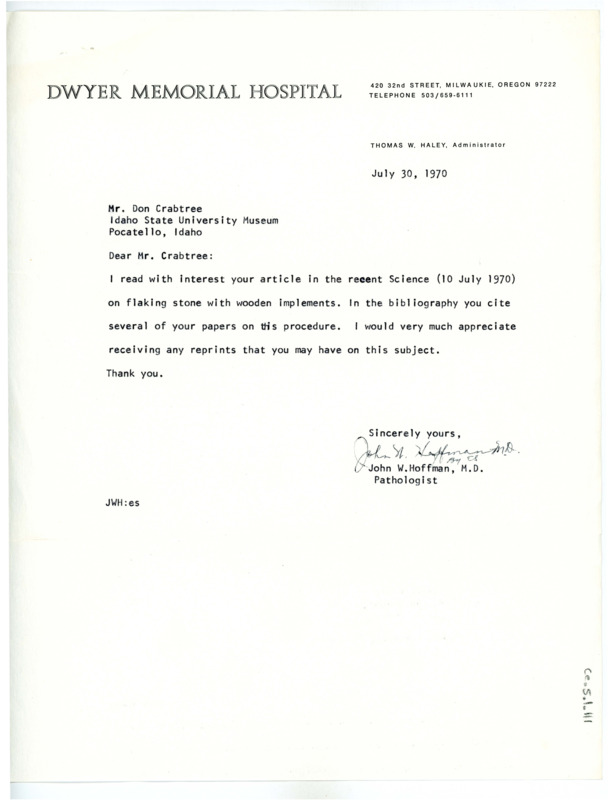 Letter from John W. Hoffman to Don Crabtree requesting reprints of papers sourced in his flintknapping with wooden tools article from Science, July 1970.