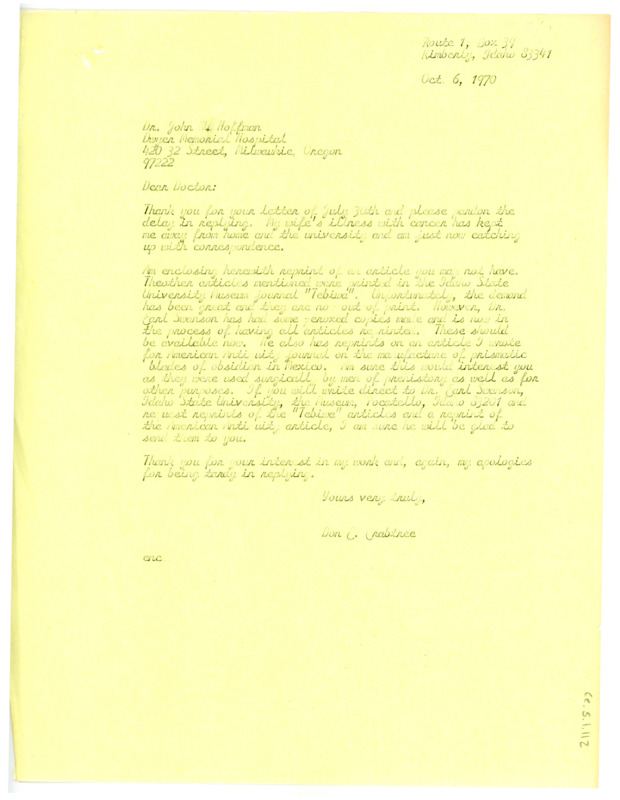 Letter from Don Crabtree to John W. Hoffman regarding an enclosed article on flintknapping with a wooden implement.