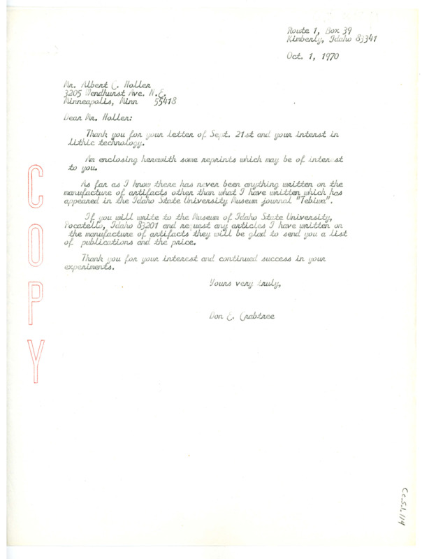 Letter from Don Crabtree to Albert C. Holler regarding reprints of articles related to making arrowheads.