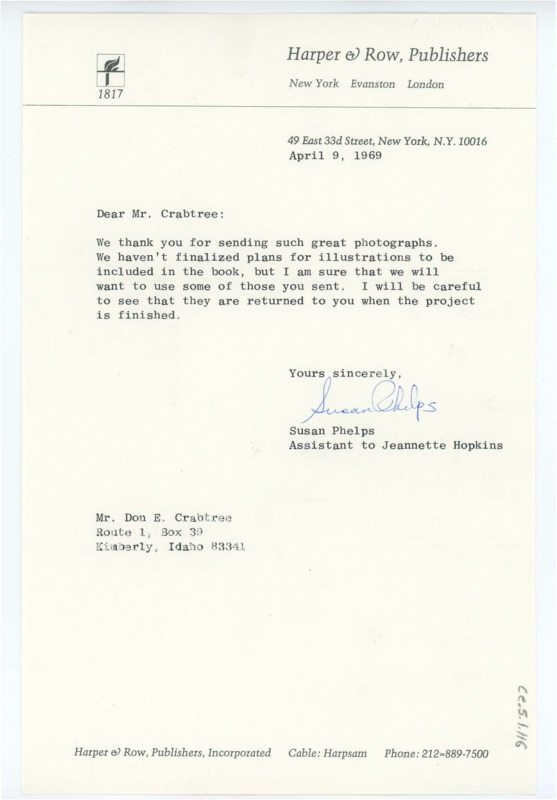 Letter from Susan Phelps to Don Crabtree thanking him for sending photographs to be published in John Pfeiffer's book.