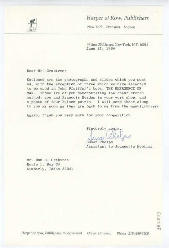 Letter from Susan Phelps to Don Crabtree regarding the return of photographs sent to her by Crabtree.